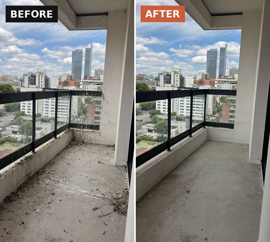 Downtown Guelph condo balcony before and after pigeon waste removal