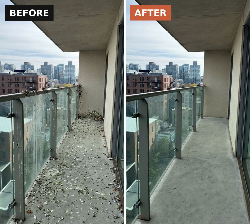 Narrow balcony before and after, cleared to bare concrete