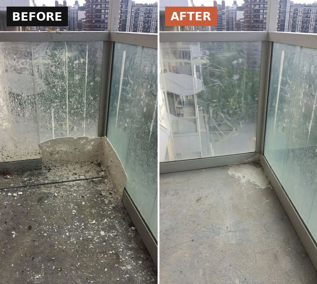 High-rise glass-railed balcony corner before and after, glass cleared