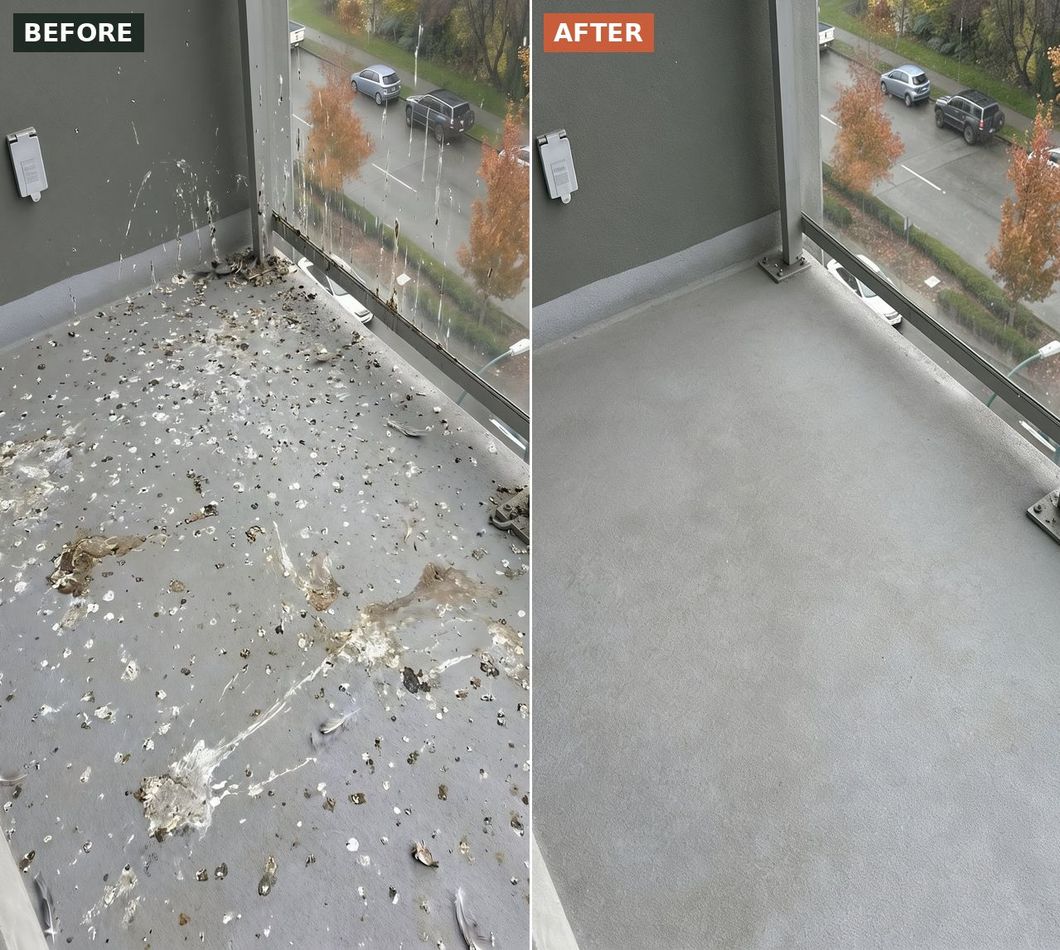 Street-facing balcony floor before and after cleanup