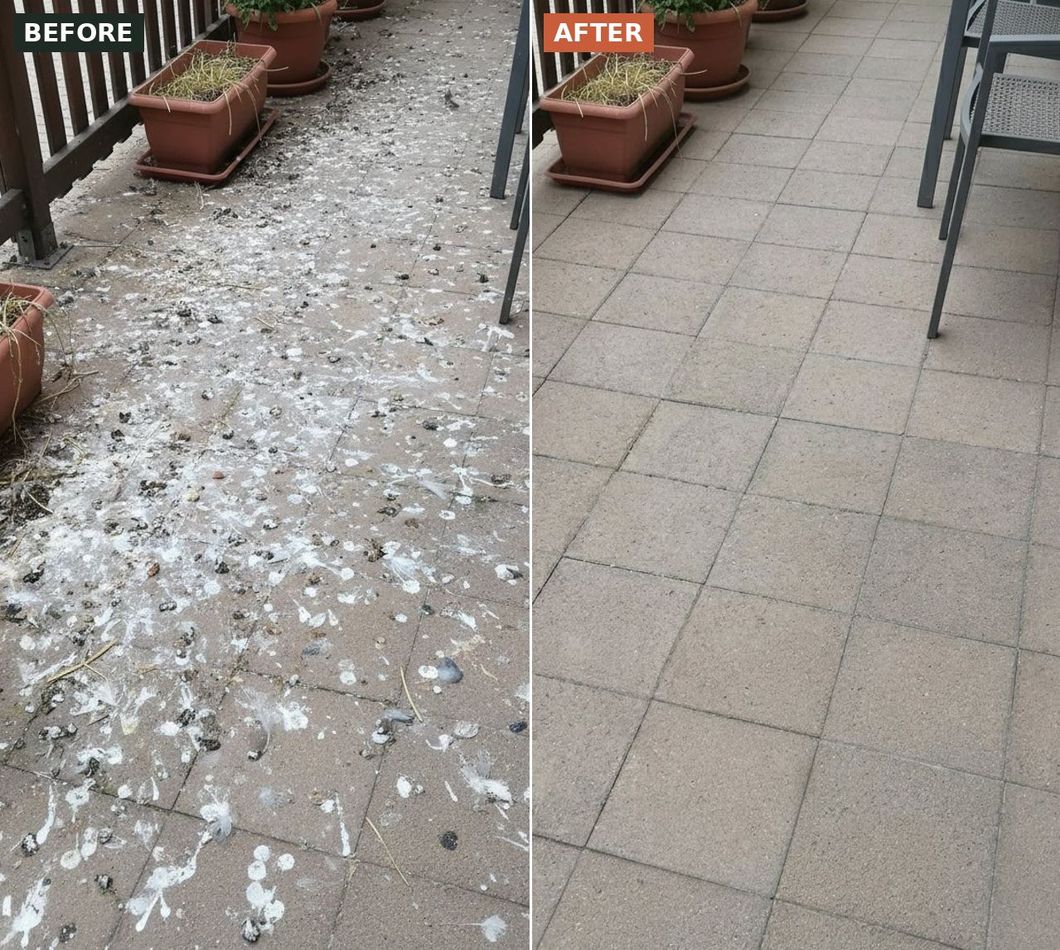 Tiled patio before and after cleaning