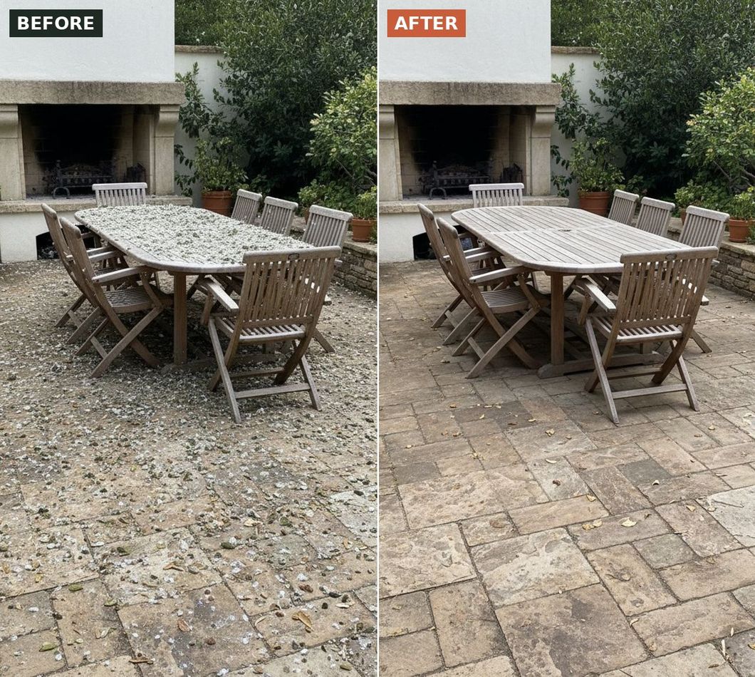 Stone patio and dining set before and after cleaning