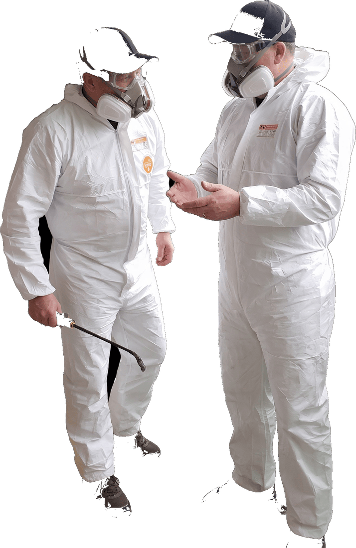 The two Guelph Balcony Brothers talking through a job in protective suits