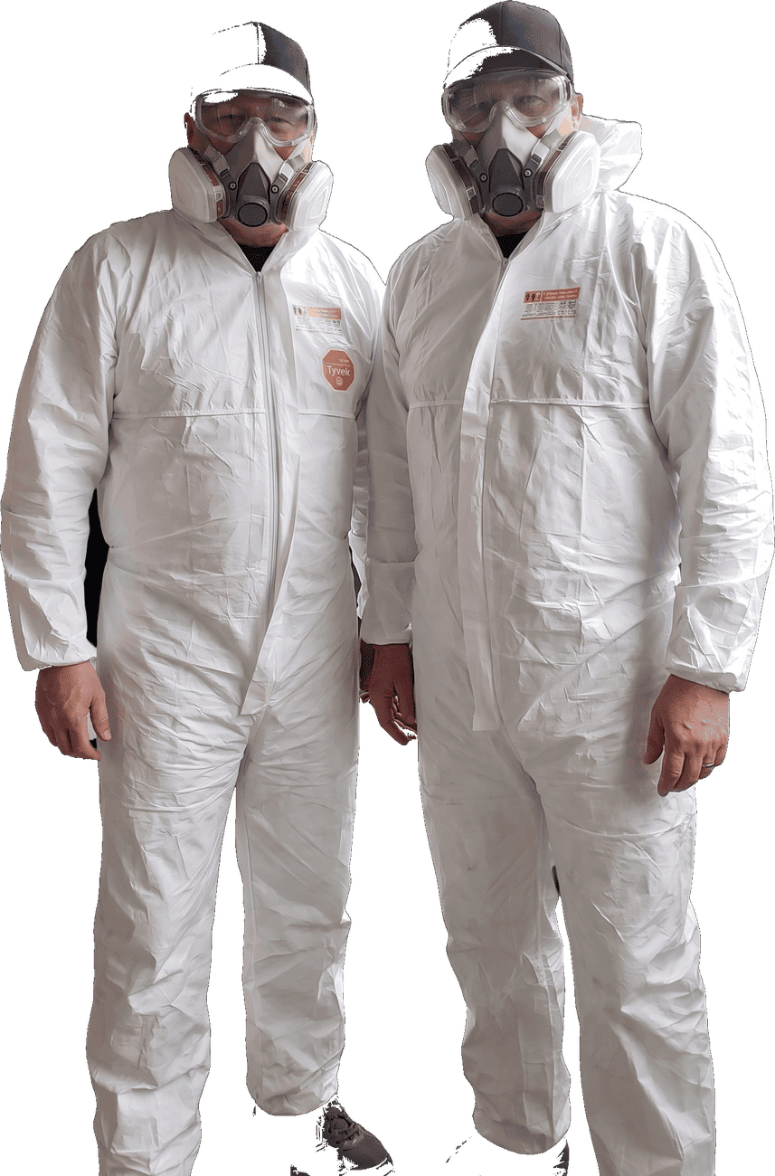 The two brothers behind Guelph Balcony Brothers in protective suits and respirators