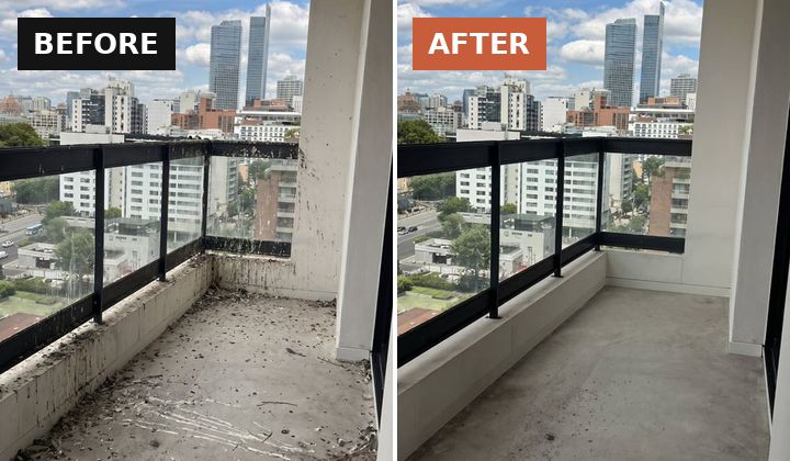 Before and after of a condo balcony going from heavy pigeon waste to spotless