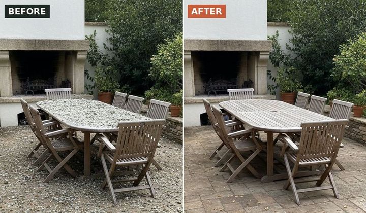 Before and after of an outdoor patio dining set and stone floor cleared of pigeon waste